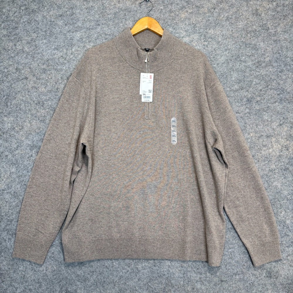 Uniqlo 100% Cashmere Sweater Mens 3XL Quarter Zip Soft Mock Neck Ribbed Hem‎ NEW